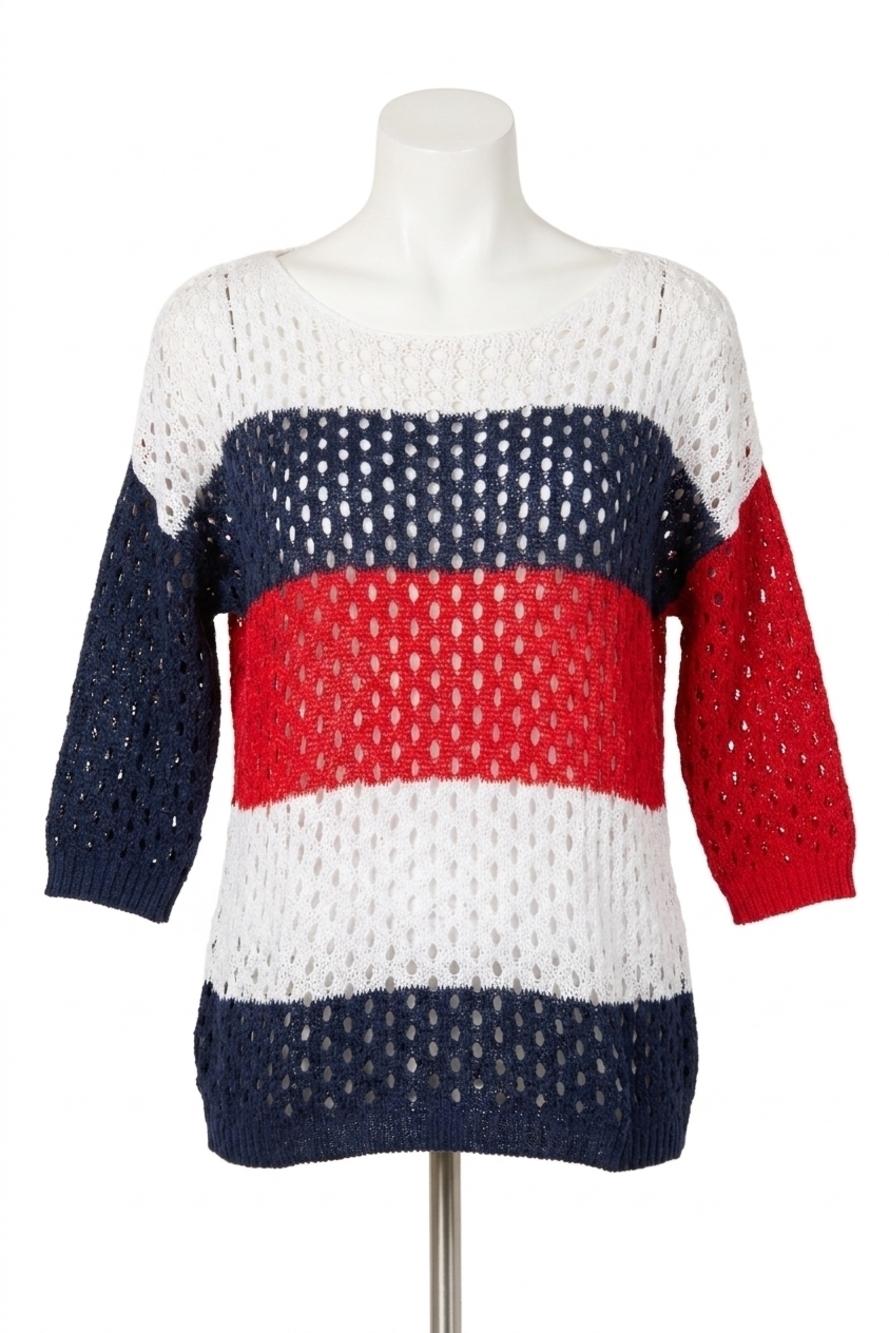 NEW FRENCH KYSS crochet striped crew in multi